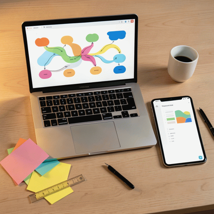 Foto datar (flat lay) yang menampilkan meja kerja modern dengan laptop dan tablet yang menampilkan diagram pembelajaran abstrak, serta alat peraga edukasi, melambangkan proses penyusunan materi ajar yang terstruktur dan efisien.