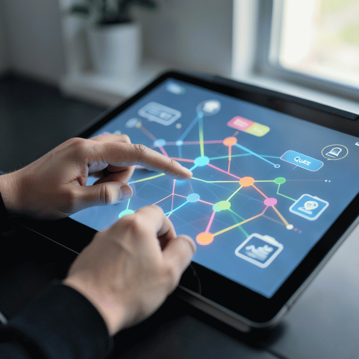 Tangan seseorang berinteraksi dengan antarmuka digital futuristik yang menampilkan konsep pembelajaran interaktif abstrak, menunjukkan kemudahan penggunaan teknologi dalam pendidikan.