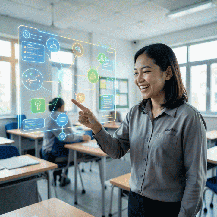 Seorang guru Indonesia yang antusias berinteraksi dengan antarmuka hologram AI yang menampilkan alur kurikulum dan materi pembelajaran interaktif, melambangkan efisiensi pembuatan RPP.