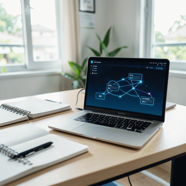 Meja kerja guru yang rapi dengan tablet yang menampilkan dashboard AI abstrak untuk menyusun paket pembelajaran lengkap.