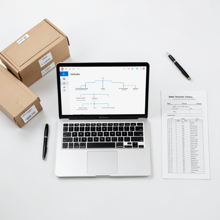 Meja kerja minimalis dengan laptop menampilkan pohon silsilah digital, disertai kotak arsip dan perlengkapan menulis, melambangkan perencanaan dan digitalisasi data silsilah.