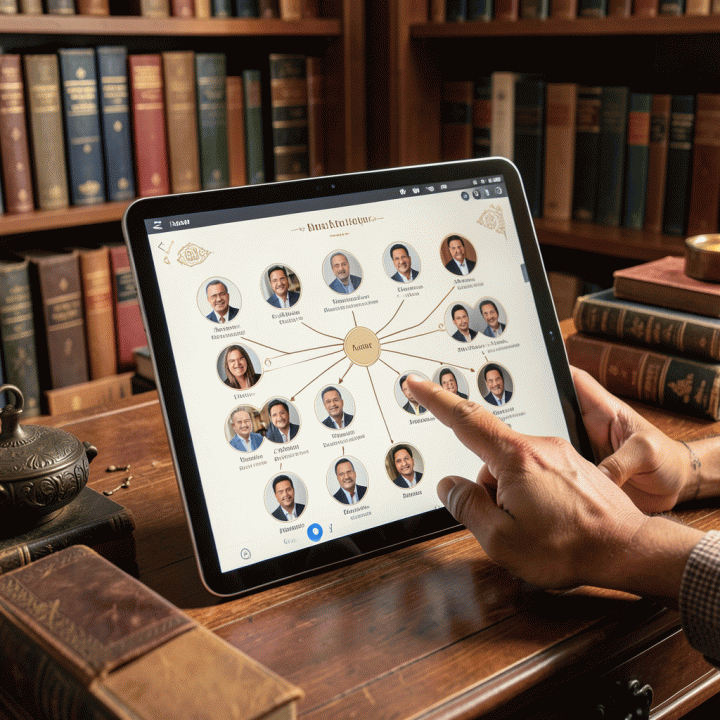 Tangan menyentuh visualisasi pohon silsilah keluarga digital yang indah di layar tablet modern, dikelilingi oleh buku-buku dan artefak warisan di ruangan yang hangat.