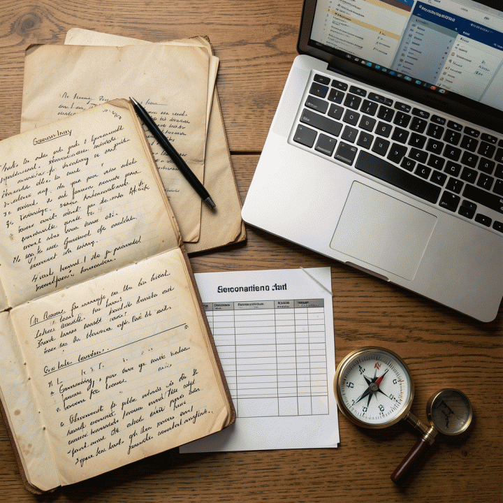 Foto flat lay berisi jurnal tua, checklist digital, dan buku catatan yang terorganisir, melambangkan persiapan data silsilah yang sistematis.