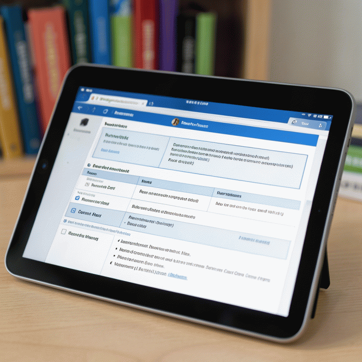 Tampilan tablet menunjukkan rencana pelajaran dan modul pembelajaran yang terorganisir, dihasilkan oleh AI. Tata letak bersih dan profesional.