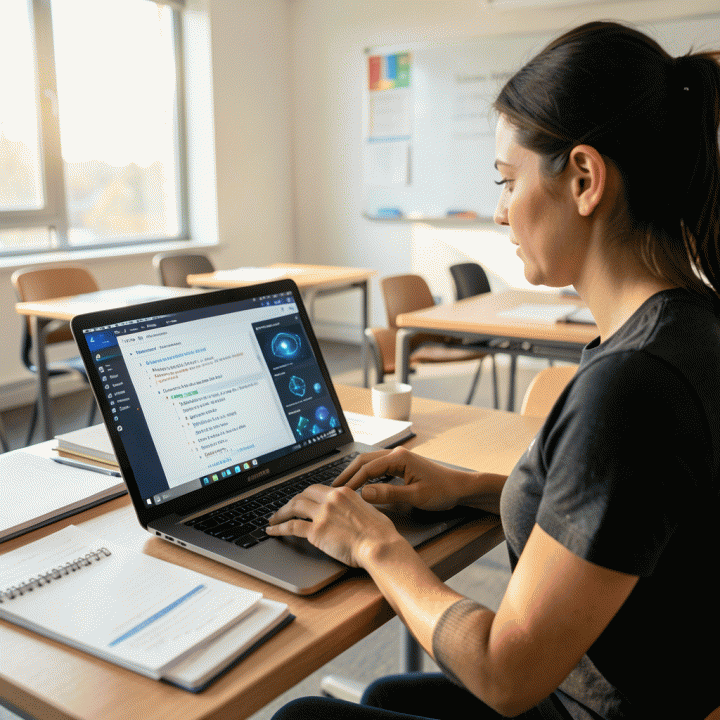 Guru modern sedang menggunakan laptop untuk membuat rencana pelajaran dan materi pembelajaran yang terstruktur menggunakan bantuan AI dalam suasana kelas yang cerah dan modern.