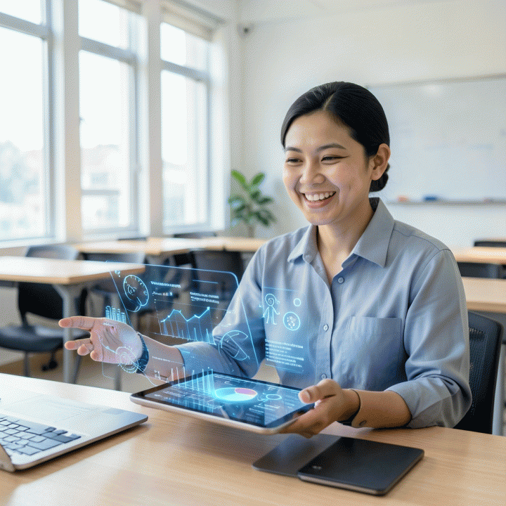 Seorang guru Indonesia modern yang menggunakan teknologi AI di ruang kelas untuk membuat rencana pembelajaran yang terdiferensiasi.
