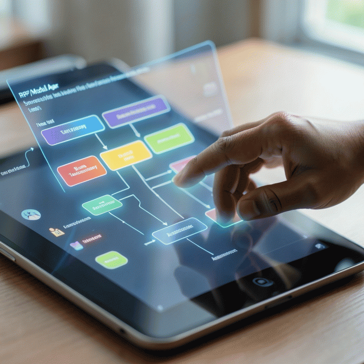 Tangan seorang guru berinteraksi dengan antarmuka holografik di tablet yang menunjukkan struktur kurikulum dan rencana pembelajaran (RPP/Modul Ajar) secara visual dan terstruktur menggunakan bantuan AI.
