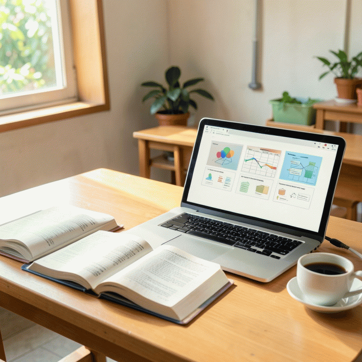 Meja kerja guru yang berisi buku-buku pelajaran dan laptop menampilkan antarmuka abstrak materi ajar yang dihasilkan oleh AI, menunjukkan efisiensi dalam persiapan mengajar.