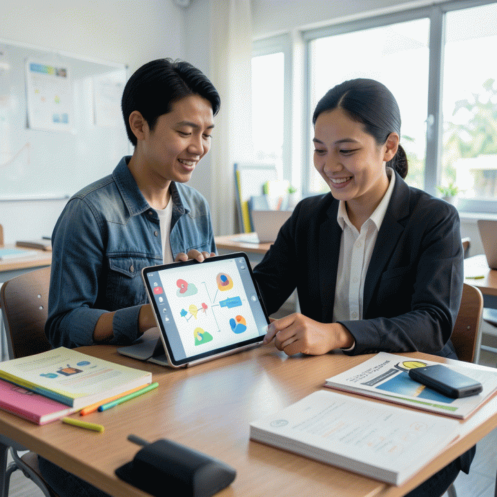 Seorang guru Indonesia modern menggunakan tablet AI di ruang kelas yang cerah, menunjukkan kemudahan membuat rencana pembelajaran otomatis.