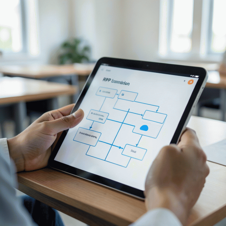 Tangan guru berinteraksi dengan tablet yang menampilkan alur rencana pembelajaran yang terstruktur dan dihasilkan AI.