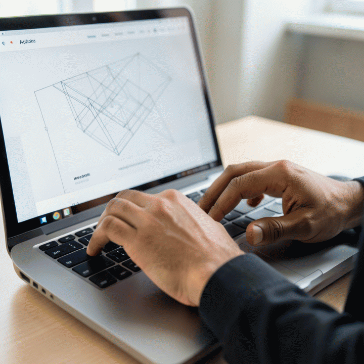 Tangan profesional berinteraksi dengan laptop, menampilkan proses otomatisasi pembuatan struktur landing page dari input teks.