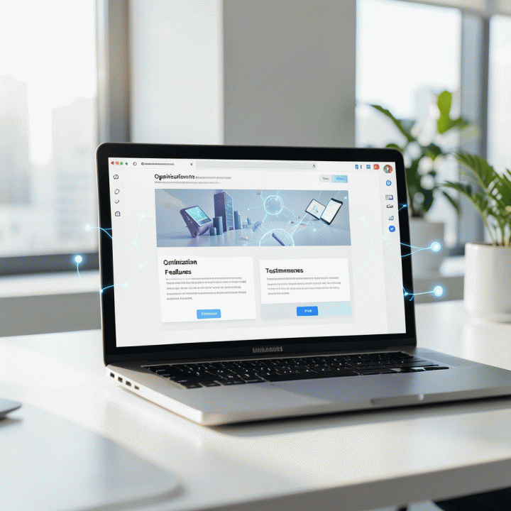 Tampilan layar laptop yang menampilkan antarmuka pembuat landing page digital yang modern dan efisien, melambangkan proses pembuatan sales page yang cepat dan terstruktur.