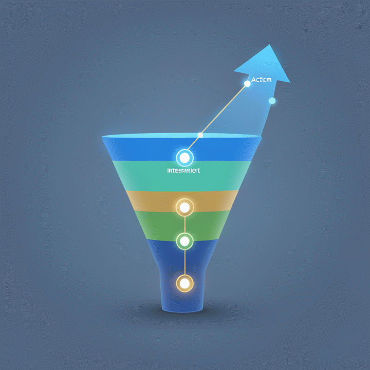 Representasi visual yang abstrak dan modern mengenai alur konversi (conversion funnel) yang dioptimalkan, menunjukkan peningkatan dari perhatian hingga tindakan.