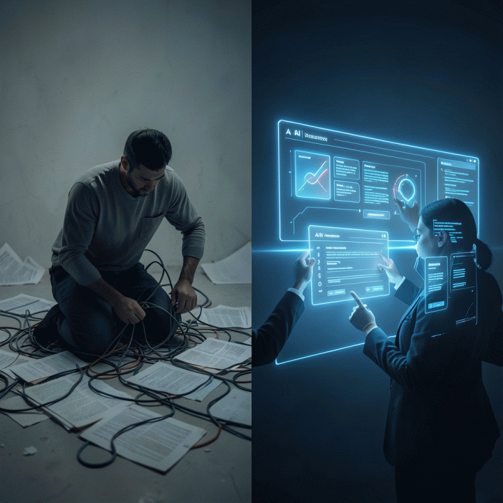 Perbandingan visual antara proses pembuatan sales page yang manual dan rumit dengan proses yang cepat, efisien, dan rapi menggunakan teknologi AI.