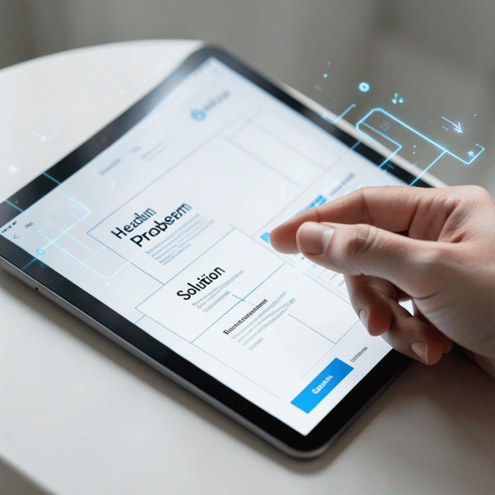 Tangan berinteraksi dengan tablet yang menampilkan kerangka sales page yang terstruktur dan rapi, menunjukkan proses pembuatan landing page yang cepat menggunakan AI.
