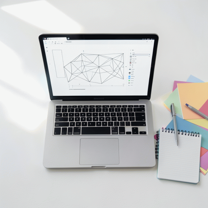 Tampilan datar (flat lay) yang menunjukkan elemen perencanaan konten, termasuk mockup thumbnail digital di laptop, yang mewakili langkah awal sebelum menggunakan AI.