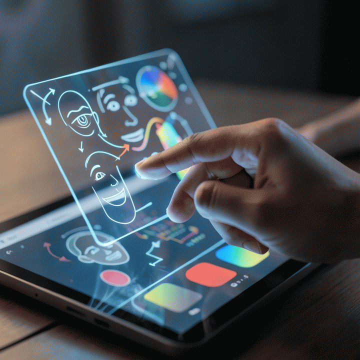 Tangan berinteraksi dengan antarmuka hologram AI, menunjukkan proses desain visual thumbnail yang intuitif dan futuristik.