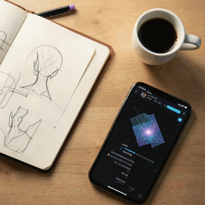 Tampilan atas meja kerja konten kreator yang berisi peralatan desain, sketsa, dan layar AI, menunjukkan alur kerja pembuatan konten.