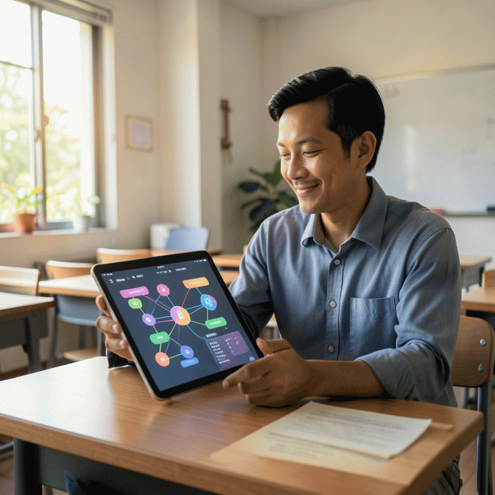 Seorang guru profesional di kelas modern Indonesia menggunakan tablet yang menampilkan visualisasi perencanaan pelajaran (lesson plan) yang terstruktur dan efisien, menandakan penggunaan alat bantu AI.