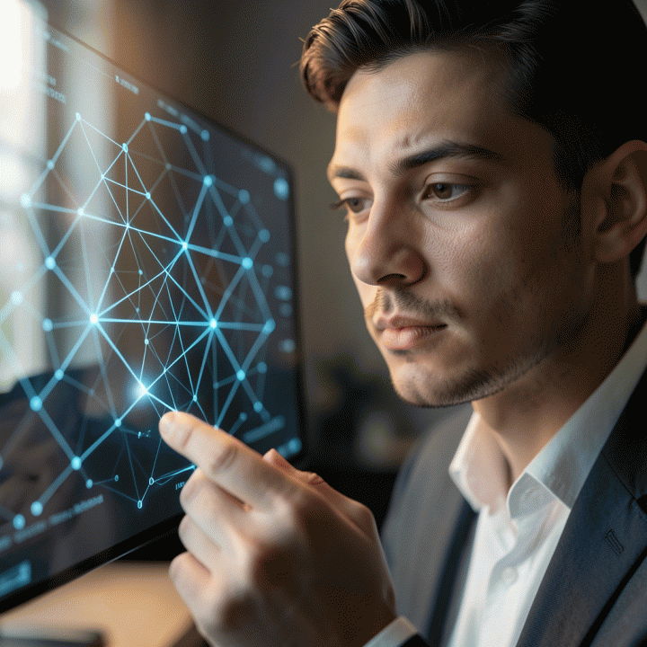 Close-up of a young professional thoughtfully analyzing abstract geometric patterns on a digital interface, symbolizing logical and cognitive assessment.