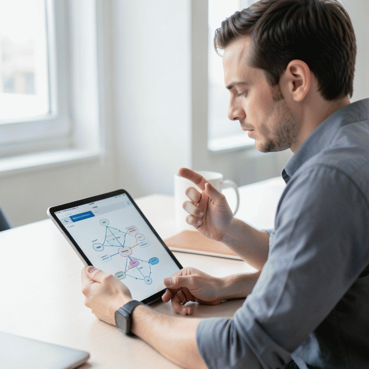 Professional analyzing a logical diagram on a tablet for career planning assessment.