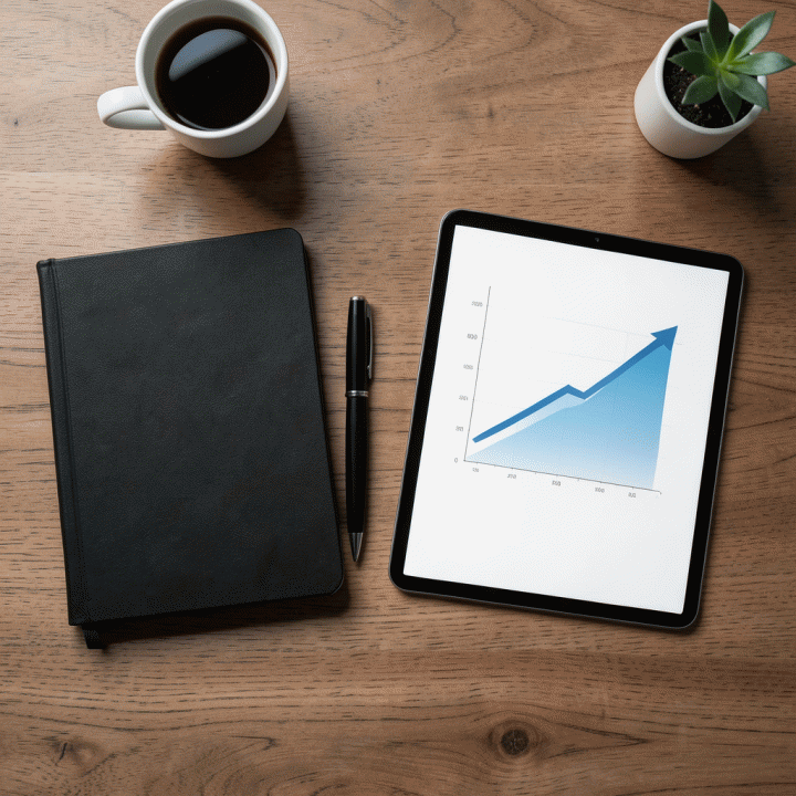 Pandangan atas meja kerja yang rapi, menampilkan alat asesmen dan tablet dengan grafik potensi yang sedang meningkat, melambangkan perencanaan karir.