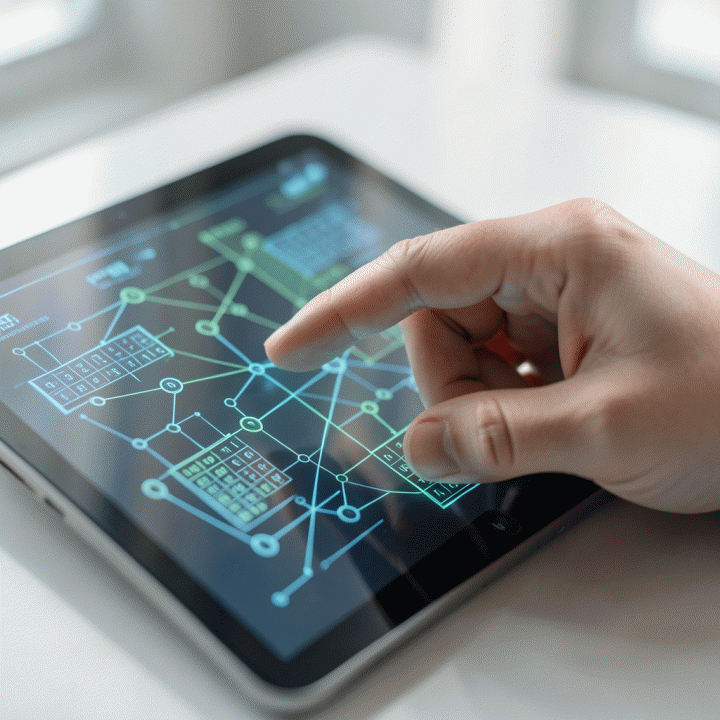 Tangan yang sedang berinteraksi dengan antarmuka digital abstrak yang menampilkan pola dan puzzle logika, melambangkan proses asesmen kognitif.