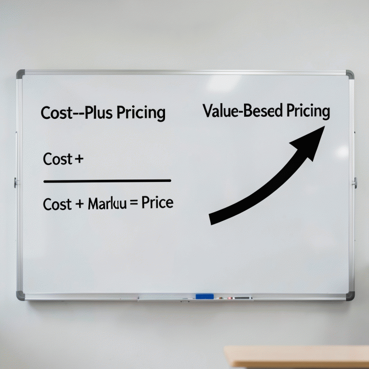 Perbandingan visual antara Cost-Plus Pricing (garis lurus) dan Value-Based Pricing (kurva nilai) pada papan tulis bisnis.