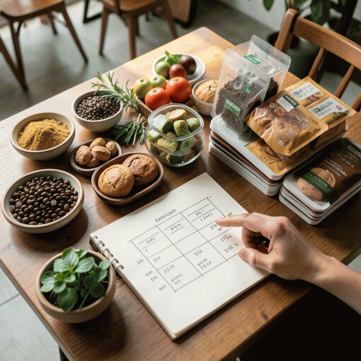 Membandingkan berbagai model penetapan harga di meja kerja seorang owner F&amp;B dengan bahan baku dan diagram strategi harga.