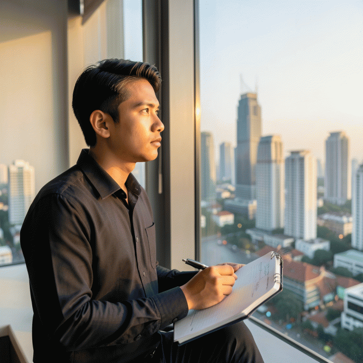 Seorang profesional muda yang merenungkan masa depan karir di depan pemandangan kota, melambangkan perencanaan karir dan penentuan potensi.