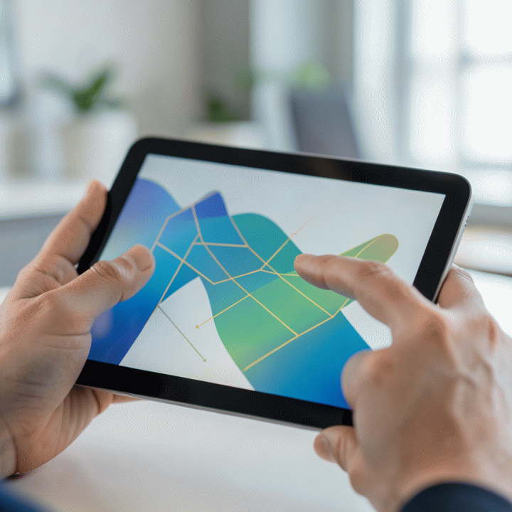 Tangan yang sedang berinteraksi dengan tablet yang menampilkan antarmuka asesmen kognitif abstrak, melambangkan pengujian kemampuan logika.