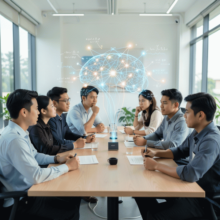 Kelompok profesional muda Indonesia yang sedang berdiskusi intens di co-working space, dikelilingi visualisasi abstrak yang melambangkan pemetaan potensi kognitif dan asesmen psikometri.