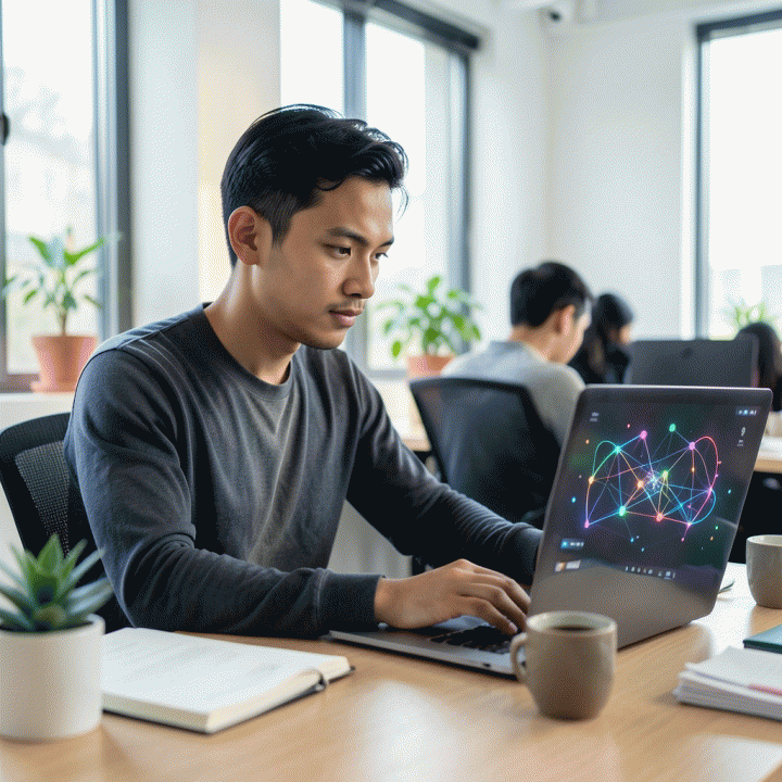 Seorang profesional muda Indonesia yang fokus melakukan asesmen diri menggunakan laptop di co-working space modern, dikelilingi visualisasi data kognitif yang abstrak.
