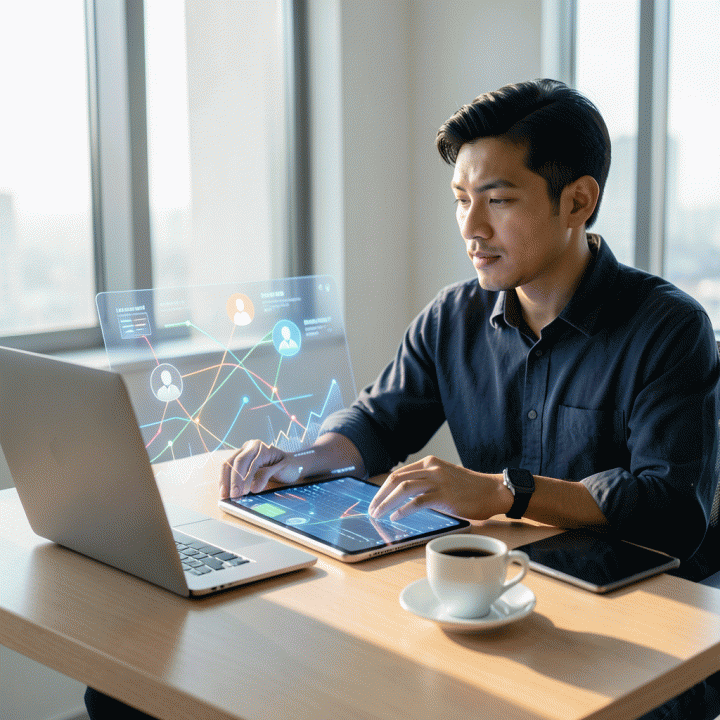 Seorang profesional muda Indonesia di meja kerja modern, berinteraksi dengan antarmuka digital abstrak yang menunjukkan integrasi data operasional, klien, dan keuangan secara terpusat, melambangkan manajemen bisnis yang efisien.