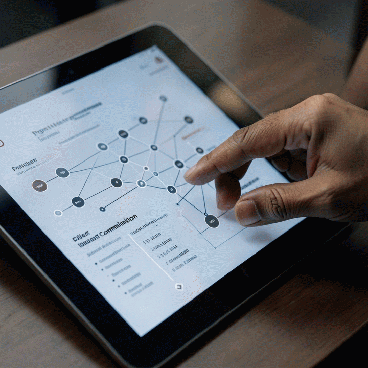 Tangan berinteraksi dengan tablet digital yang menampilkan visualisasi data terpisah untuk operasional, klien, dan keuangan, menekankan sistem manajemen terpadu.