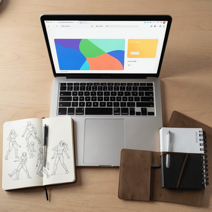 Tampilan atas meja kerja yang terorganisir dengan laptop menampilkan dashboard abstrak, melambangkan sistem manajemen bisnis yang terstruktur.