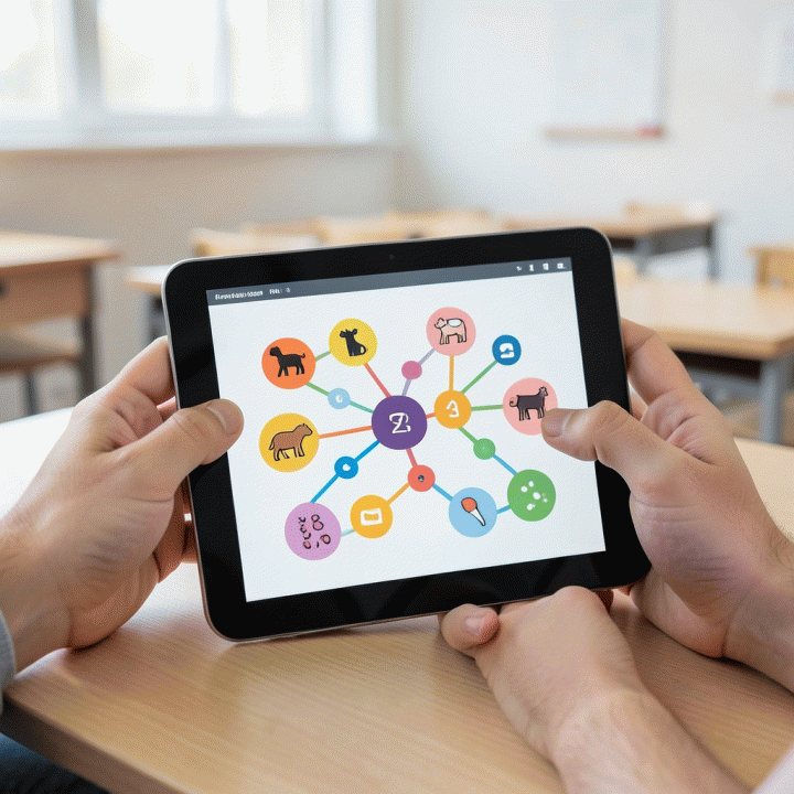 Tangan dewasa berinteraksi dengan tablet yang menampilkan materi belajar anak yang menarik dan interaktif, menyoroti kemudahan penggunaan alat AI.