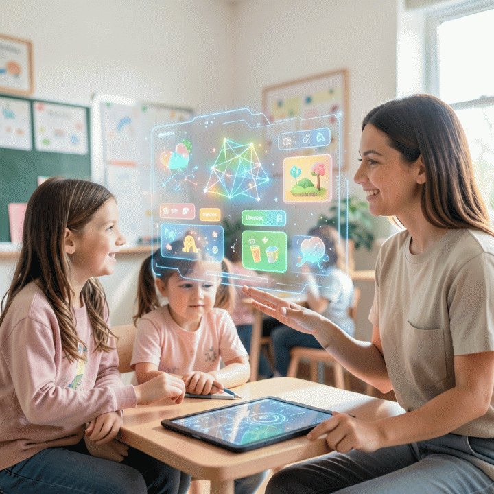 Orang tua dan guru berkolaborasi di lingkungan belajar modern, melihat modul edukasi interaktif bercahaya di antarmuka futuristik, melambangkan efisiensi penyusunan materi ajar dengan bantuan AI.