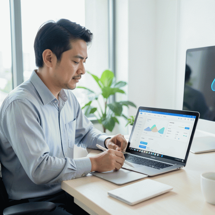Seorang freelancer profesional Indonesia menggunakan dashboard digital yang terorganisir di meja kerjanya, menunjukkan kemudahan dalam mengelola keuangan bisnis dan pribadi.