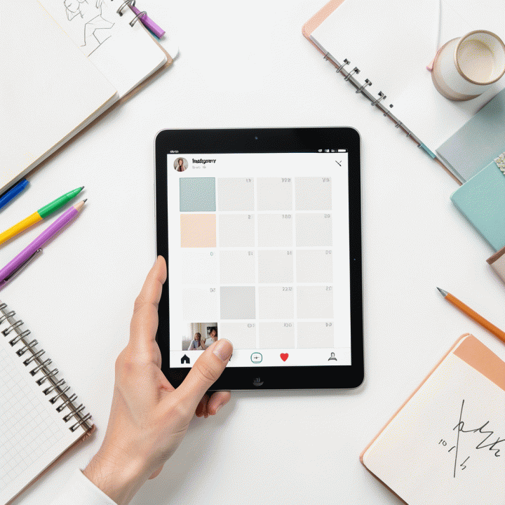 Tangan menggunakan tablet untuk mendesain feed Instagram yang estetik, dikelilingi alat kreatif.