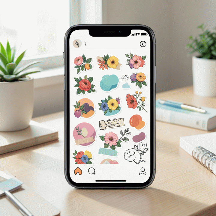 Ilustrasi feed Instagram yang dipercantik dengan stiker digital premium di atas meja kerja yang estetik.