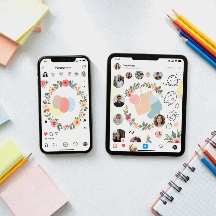 Flat lay setup menampilkan smartphone dan tablet dengan feed Instagram yang dipercantik oleh berbagai stiker digital premium, dikelilingi oleh alat tulis dan suasana kreatif yang profesional.