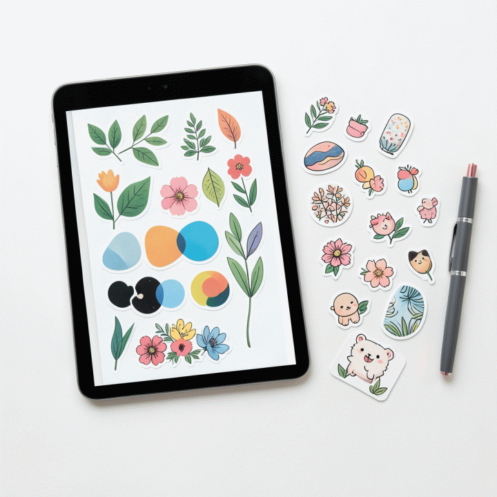 Flat lay yang menampilkan koleksi aset stiker digital premium dan alat tulis fisik, menonjolkan keragaman dan kualitas desain aset.