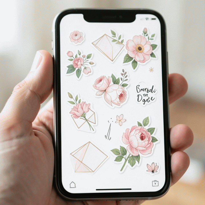 Tampilan close-up story Instagram mockup di layar smartphone yang dihiasi dengan berbagai stiker digital premium, menunjukkan tata letak yang estetis dan profesional.