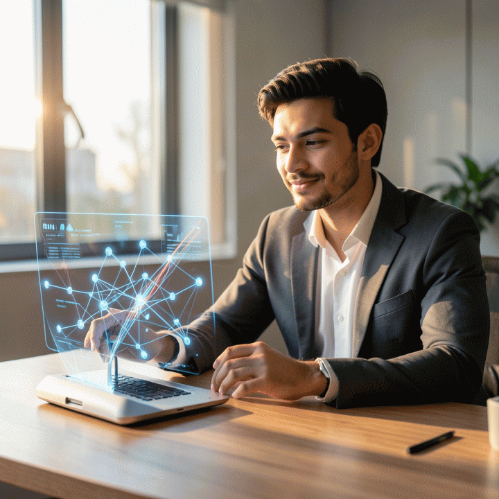 Seorang pengusaha muda yang fokus bekerja di meja modern, dikelilingi oleh antarmuka holografik AI yang menunjukkan transformasi ide menjadi rencana bisnis terstruktur.