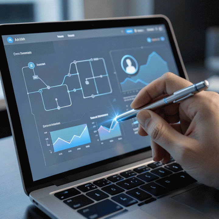Tangan profesional berinteraksi dengan antarmuka AI yang menampilkan visualisasi data dan rencana bisnis yang rapi dan terstruktur.