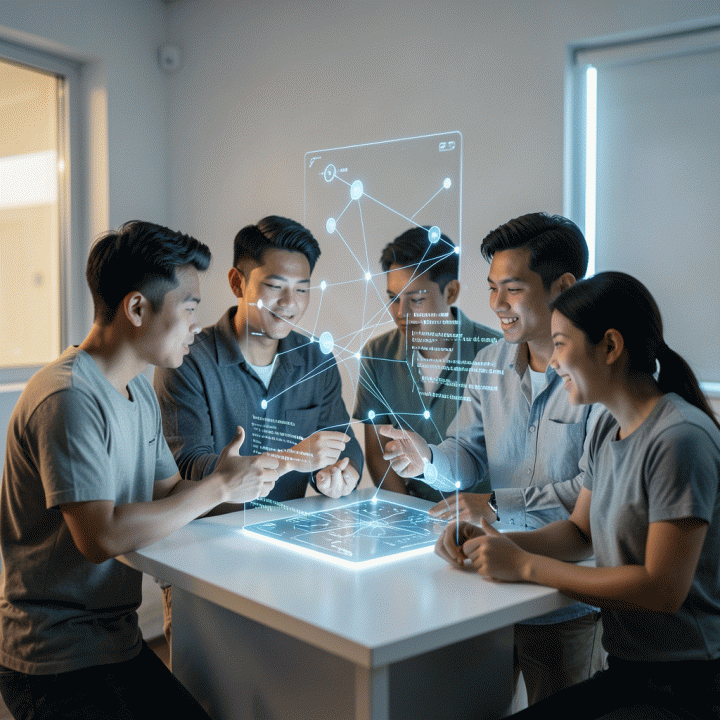 Ilustrasi fotorealistik sekelompok profesional muda Indonesia yang berkolaborasi di depan antarmuka AI futuristik, melambangkan proses mengubah ide menjadi bisnis digital nyata.