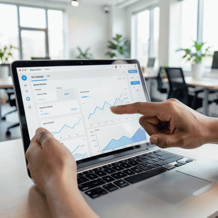 Tangan menunjuk ke dashboard AI di laptop yang menampilkan visualisasi data abstrak, melambangkan validasi ide bisnis.