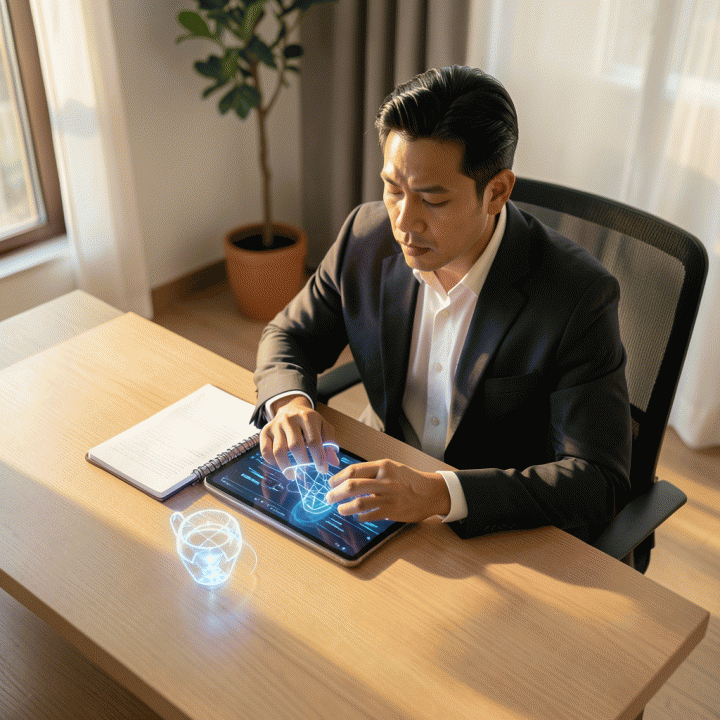 Seorang founder Indonesia sedang merenungkan ide bisnis di meja kerja modern dengan bantuan asisten AI.