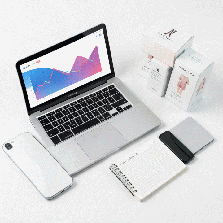 Tampilan flat lay alat-alat bisnis online: laptop dengan grafik analitik, smartphone, dan produk, melambangkan perencanaan bisnis yang terstruktur.